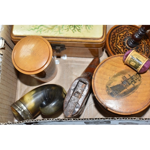 933 - A BOX OF MOSTLY MAUCHLINE WARE to include a Mauchline pin cushion and thread dispenser, a box contai... 