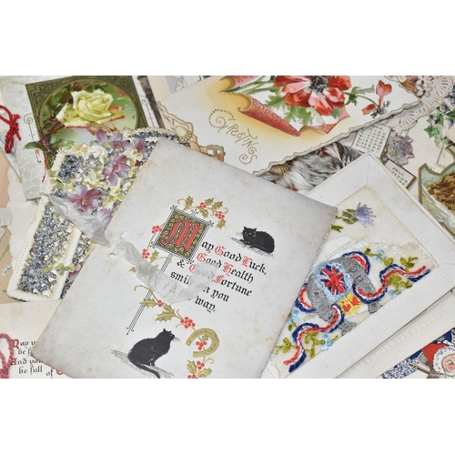 934 - ONE BOX OF EARLY TWENTIETH CENTURY GREETING CARDS, approximately one hundred mostly handmade gift ca... 