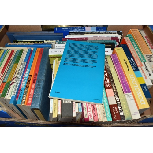 942 - TEN BOXES OF BOOKS ON RELIGION containing several hundred titles in hardback and paperback formats, ... 