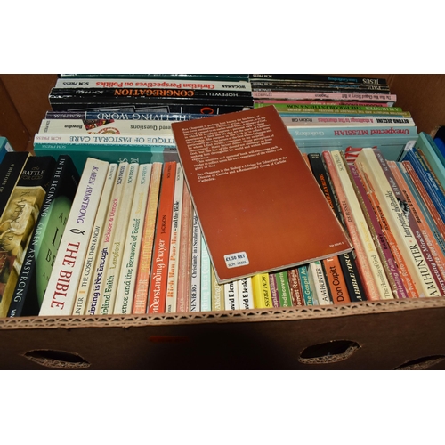 942 - TEN BOXES OF BOOKS ON RELIGION containing several hundred titles in hardback and paperback formats, ... 