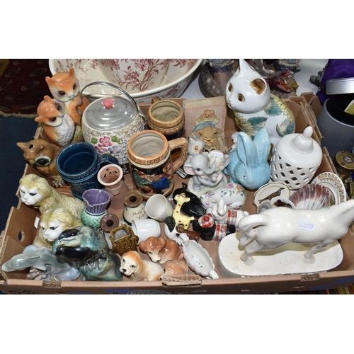 945 - TWO BOXES AND LOOSE SUNDRY ITEMS, to include an Arthur Wood 'Astoria' lustre bowl and water jug, a r... 