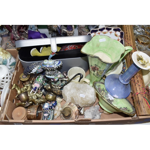 945 - TWO BOXES AND LOOSE SUNDRY ITEMS, to include an Arthur Wood 'Astoria' lustre bowl and water jug, a r... 