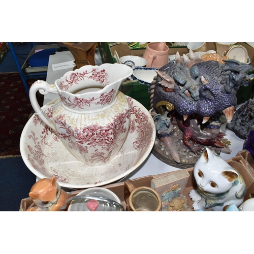 945 - TWO BOXES AND LOOSE SUNDRY ITEMS, to include an Arthur Wood 'Astoria' lustre bowl and water jug, a r... 