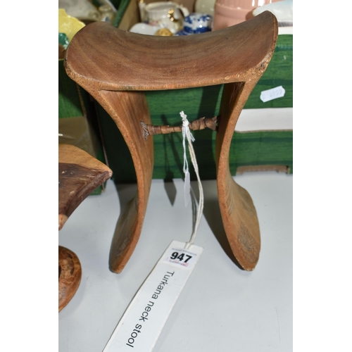 947 - A GROUP OF THREE TURKANA (NORTH WEST KENYAN TRIBE) NECK STOOLS comprising a double-legged, engraved ... 