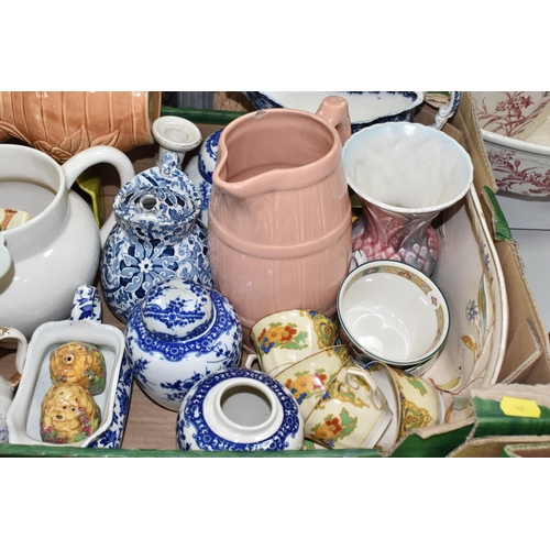 948 - FOUR BOXES OF ORNAMENTAL AND HOMEWARE CERAMICS, to include a pair of Royal Winton, pink Sylvac 1435 ... 