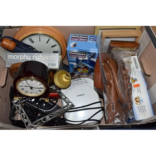 949 - FOUR BOXES AND LOOSE MISCELLANEOUS ITEMS to include a box of Stellar stainless steel saucepans, a qu... 