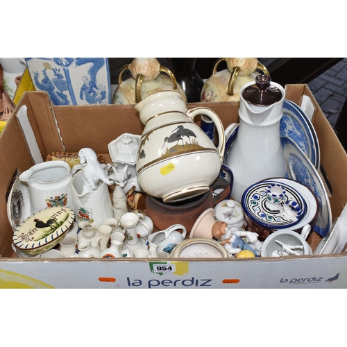 954 - FIVE BOXES AND LOOSE ORIENTAL AND MIXED CERAMICS, to include an Oriental mother of pearl jewellery b... 