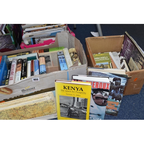 955 - SIX BOXES OF BOOKS & MAPS RELATED TO AFRICA, over 100 titles in hardback and paperback formats toget... 