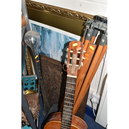 957 - ONE BOX AND LOOSE MISCELLANEOUS SUNDRIES, to include a Sevilla acoustic guitar, a Hilger Watts theod... 