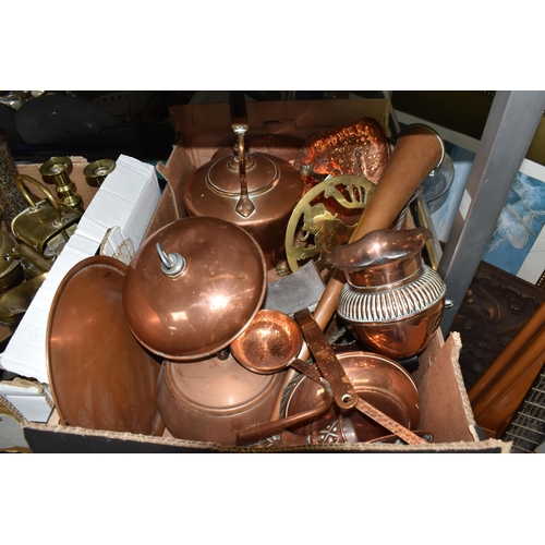 958 - THREE BOXES AND LOOSE BRASS AND COPPERWARE, comprising a copper kettle, ladle, planters, wall plaque... 