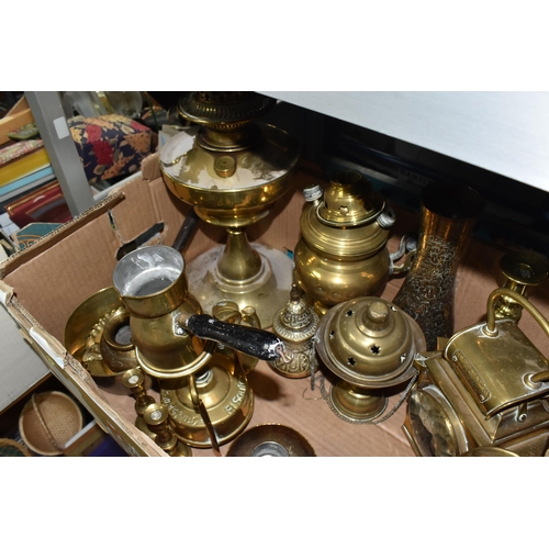 958 - THREE BOXES AND LOOSE BRASS AND COPPERWARE, comprising a copper kettle, ladle, planters, wall plaque... 