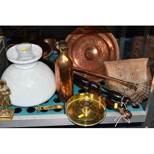 958 - THREE BOXES AND LOOSE BRASS AND COPPERWARE, comprising a copper kettle, ladle, planters, wall plaque... 