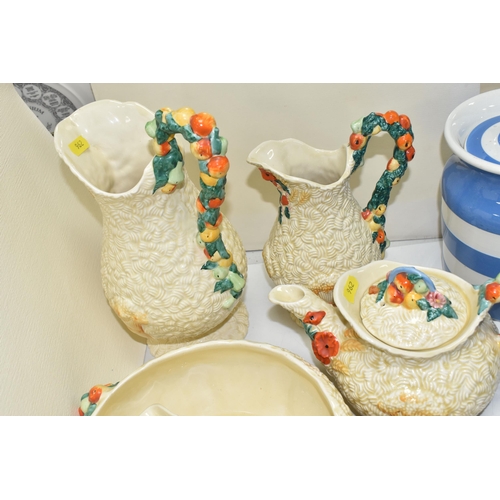 962 - A GROUP OF CLARICE CLIFF 'CELTIC HARVEST' POTTERY, comprising, two jugs height 28cm and 22cm, a teap... 