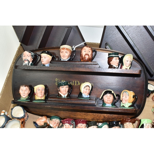 963 - ONE BOX OF ROYAL DOULTON TINY CHARACTER JUGS AND DISPLAY SHELVES, to include three dark wood branded... 