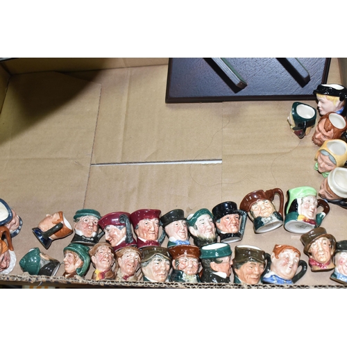 963 - ONE BOX OF ROYAL DOULTON TINY CHARACTER JUGS AND DISPLAY SHELVES, to include three dark wood branded... 