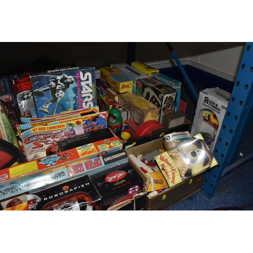 1001 - SIX BOXES AND LOOSE TOYS AND GAMES, to include Star Trek games, Blu-ray, VHS tape, books, collectabl... 