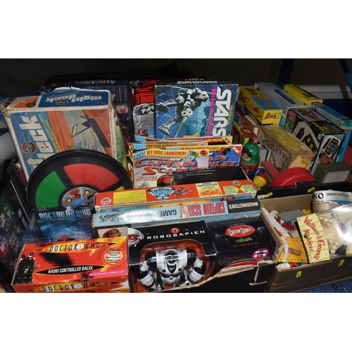 1001 - SIX BOXES AND LOOSE TOYS AND GAMES, to include Star Trek games, Blu-ray, VHS tape, books, collectabl... 