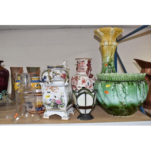 1002 - A QUANTITY OF VASES, AN OIL LAMP AND SUNDRY ITEMS, to include a 'The Masons Dragon Vase' for Compton... 