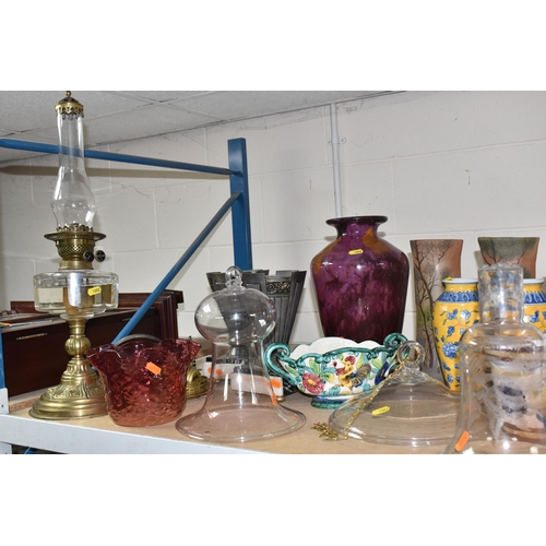 1002 - A QUANTITY OF VASES, AN OIL LAMP AND SUNDRY ITEMS, to include a 'The Masons Dragon Vase' for Compton... 