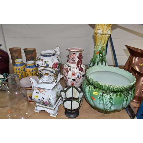 1002 - A QUANTITY OF VASES, AN OIL LAMP AND SUNDRY ITEMS, to include a 'The Masons Dragon Vase' for Compton... 