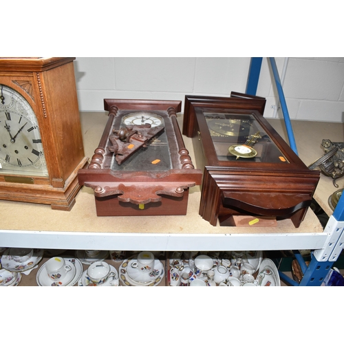 1008 - SIX WOODEN CASED CLOCKS, comprising two reproduction mahogany style wall clocks, an early 20th centu... 