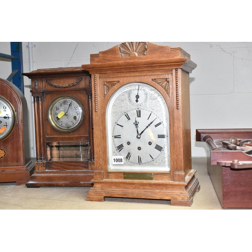 1008 - SIX WOODEN CASED CLOCKS, comprising two reproduction mahogany style wall clocks, an early 20th centu... 