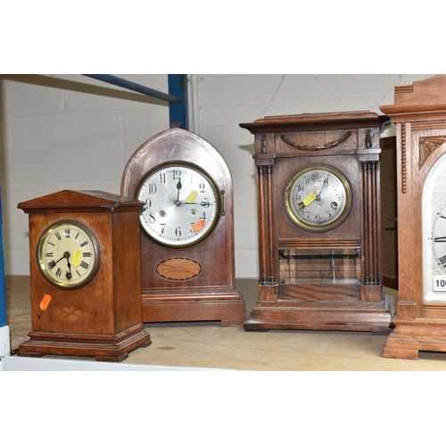 1008 - SIX WOODEN CASED CLOCKS, comprising two reproduction mahogany style wall clocks, an early 20th centu... 