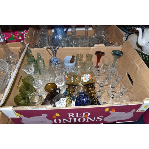 1011 - SIX BOXES OF GLASSWARE, to include a small Millefiori glass jug, a set of 1970's cocktail glasses, t... 