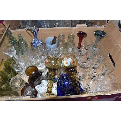 1011 - SIX BOXES OF GLASSWARE, to include a small Millefiori glass jug, a set of 1970's cocktail glasses, t... 