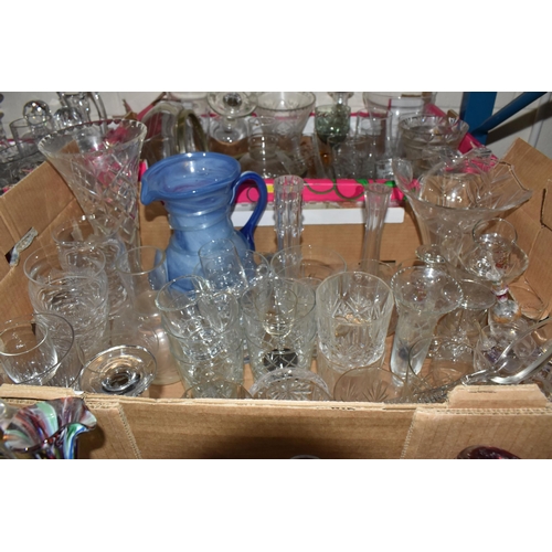 1011 - SIX BOXES OF GLASSWARE, to include a small Millefiori glass jug, a set of 1970's cocktail glasses, t... 