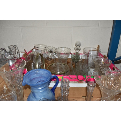 1011 - SIX BOXES OF GLASSWARE, to include a small Millefiori glass jug, a set of 1970's cocktail glasses, t... 