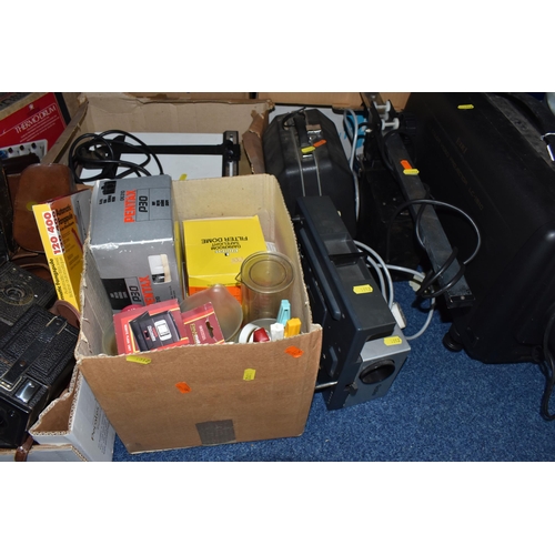 1012 - FIVE BOXES AND LOOSE CAMERAS AND PHOTOGRAPHIC EQUIPMENT, to include an Eiki LC colour video projecto... 