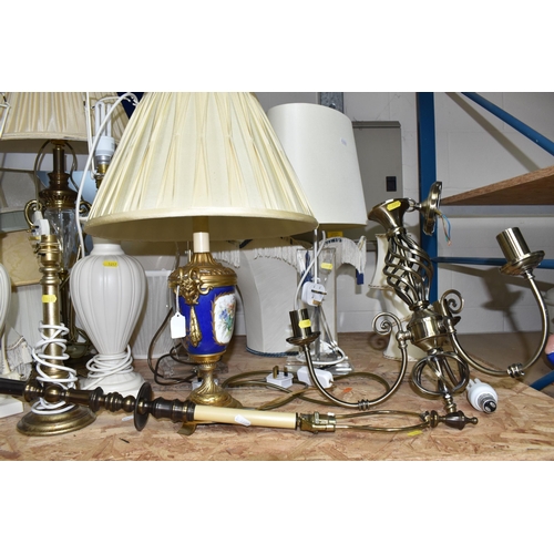 1017 - NINE ASSORTED TABLE LAMPS AND SHADES, comprising two clear Perspex tables lamps with cream shades, a... 