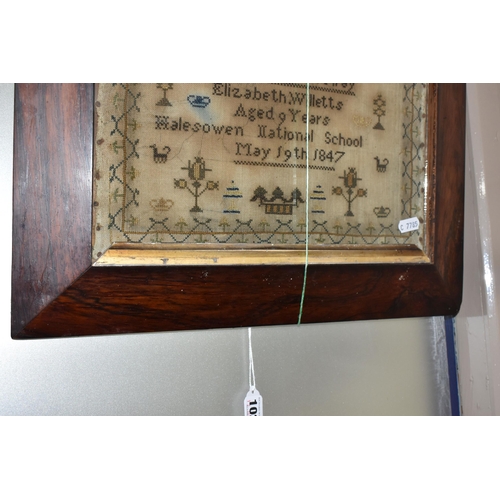 1020 - A FRAMED AND GLAZED VICTORIAN NEEDLEWORK SAMPLER, sewn by Elizabeth Willetts aged 9 years of Halesow... 