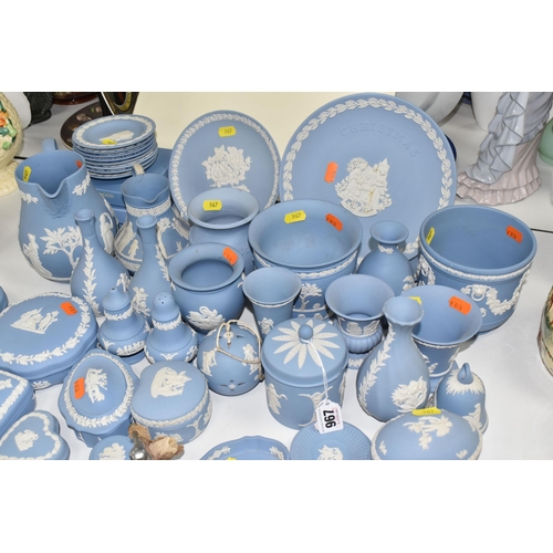 967 - A LARGE GROUP OF WEDGWOOD JASPERWARE, to include, three sage green round trinket plates, two clover ... 