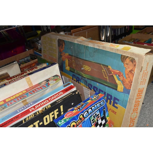 969 - THREE BOXES AND LOOSE VINTAGE BOARD GAMES, included Ideal Crossfire game, Battling Tops, CAR-SOC foo... 