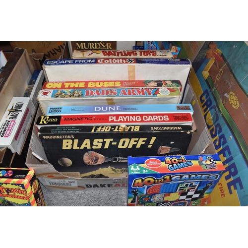 969 - THREE BOXES AND LOOSE VINTAGE BOARD GAMES, included Ideal Crossfire game, Battling Tops, CAR-SOC foo... 