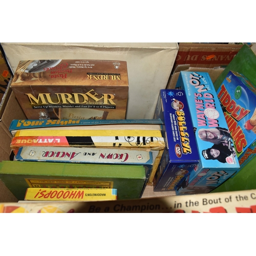 969 - THREE BOXES AND LOOSE VINTAGE BOARD GAMES, included Ideal Crossfire game, Battling Tops, CAR-SOC foo... 