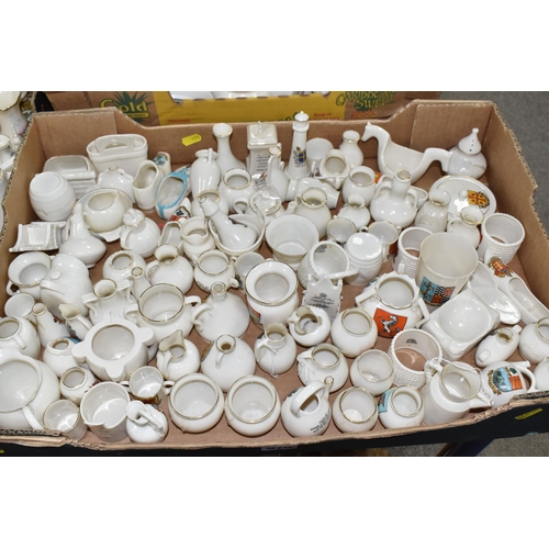 970 - THREE BOXES OF CRESTED WARE, to include a quantity of W.H.Goss jugs, vases, pots, sugar sifter, mugs... 