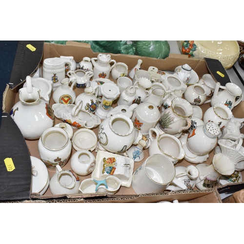 970 - THREE BOXES OF CRESTED WARE, to include a quantity of W.H.Goss jugs, vases, pots, sugar sifter, mugs... 