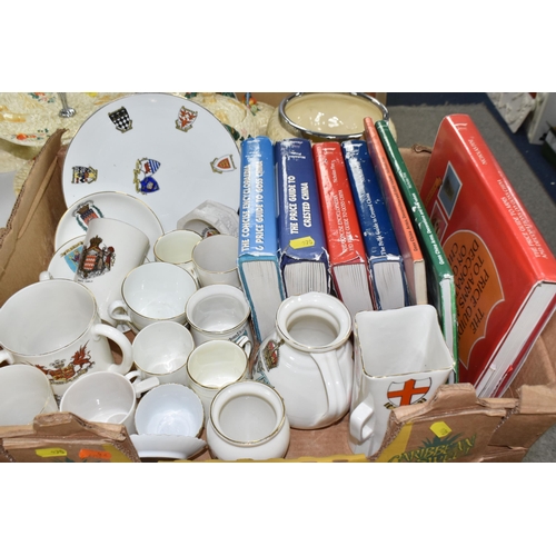 970 - THREE BOXES OF CRESTED WARE, to include a quantity of W.H.Goss jugs, vases, pots, sugar sifter, mugs... 