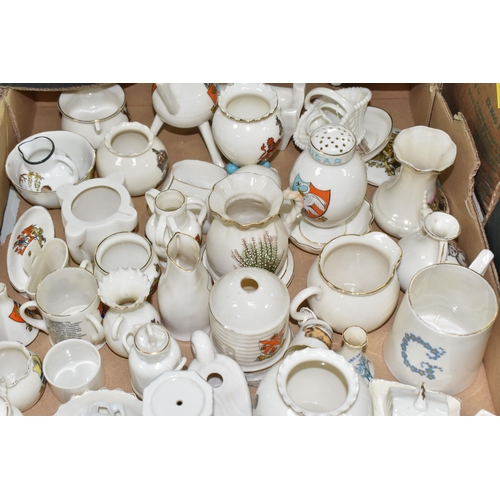 970 - THREE BOXES OF CRESTED WARE, to include a quantity of W.H.Goss jugs, vases, pots, sugar sifter, mugs... 