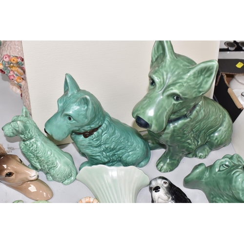 972 - A GROUP OF SYLVAC AND BESWICK ORNAMENTS AND WALL POCKETS, comprising a fireside green terrier 1209, ... 