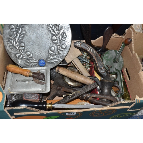 974 - FOUR BOXES AND LOOSE METALWARE AND SUNDRIES, to include a Spong's No.632 'Bean Slicer', vintage herb... 