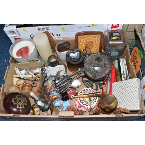 974 - FOUR BOXES AND LOOSE METALWARE AND SUNDRIES, to include a Spong's No.632 'Bean Slicer', vintage herb... 