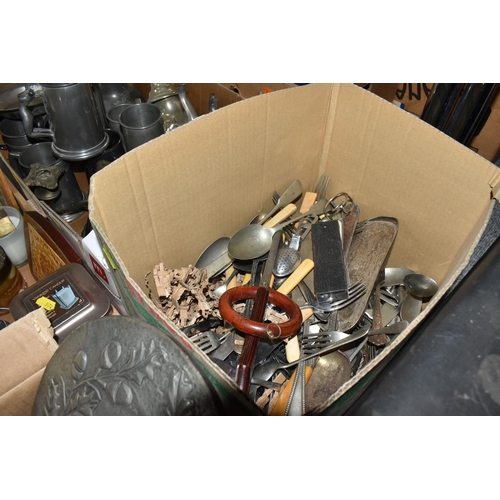 974 - FOUR BOXES AND LOOSE METALWARE AND SUNDRIES, to include a Spong's No.632 'Bean Slicer', vintage herb... 