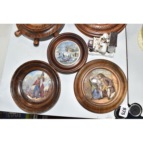 975 - A GROUP OF PRATTWARE LIDS AND BARGEWARE, comprising five wooden framed Pratt ware lids depicting ice... 