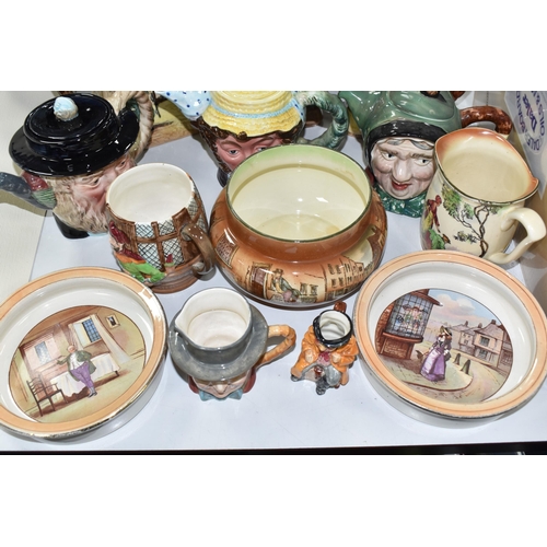 976 - A COLLECTION OF DICKENSWARE PORCELAIN AND CERAMICS, comprising two Grimwald dishes, a Royal Doulton ... 