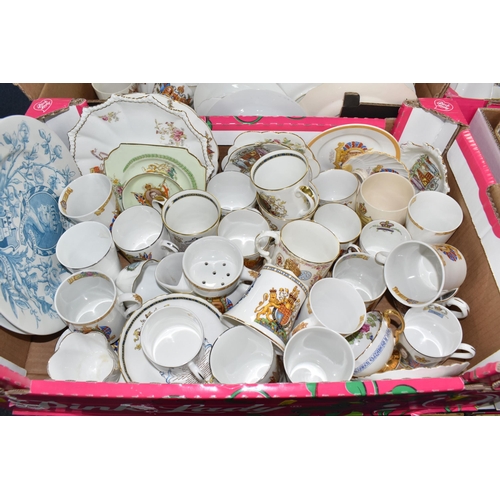 982 - FOUR BOXES OF  ROYAL COMMEMORATIVE CERAMICS,  to include a large quantity of mugs, shaving mug, beak... 