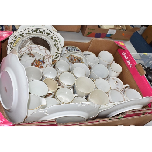 982 - FOUR BOXES OF  ROYAL COMMEMORATIVE CERAMICS,  to include a large quantity of mugs, shaving mug, beak... 